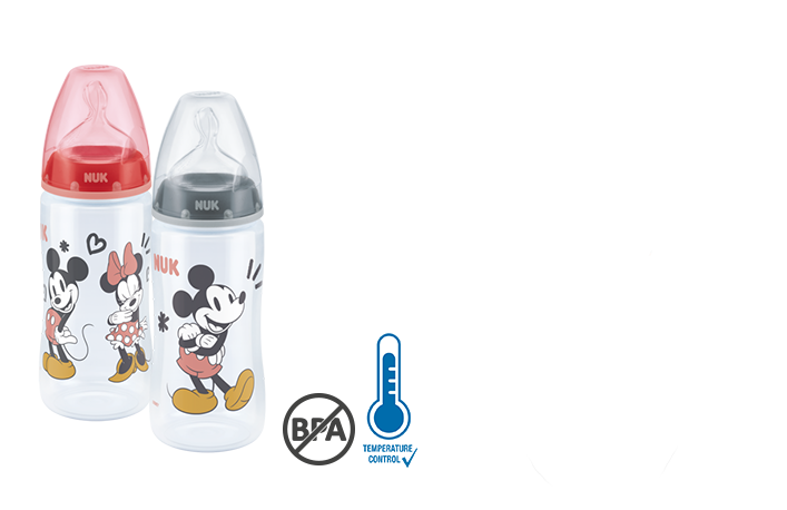 NUK First Choice+ Disney Mickey Mouse Biberon 300ml avec Temperature Control, gris et rouge, sans BPA