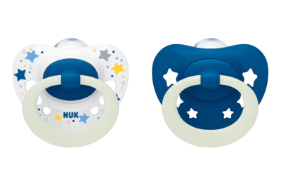 NUK Signature Night & Day Tétines, 6-18 mois, Sucettes pour bébé  phosphorescentes avec aérations extra-larges, Silicone sans BPA, Bleu